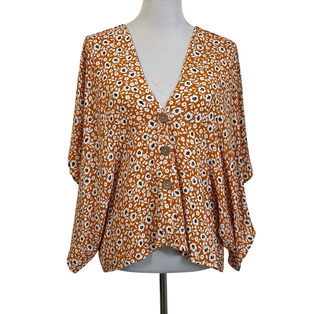 VICI Womens Floral Button Up Kimono Top Sz Small Orange White V-neck